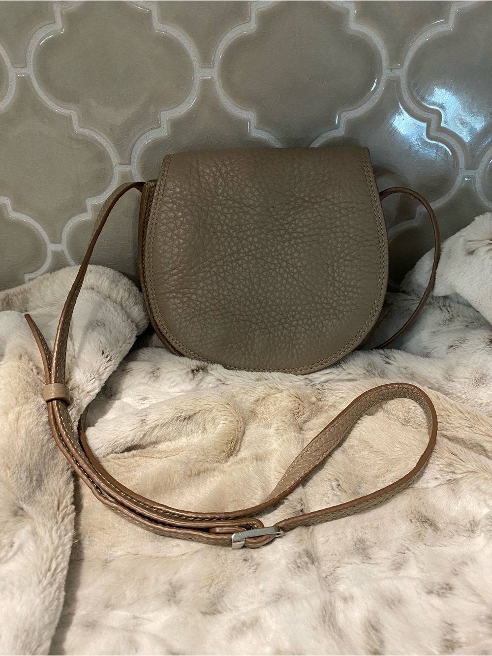 Taupe Genuine Leather Crossbody Saddle Bag - Minimalist Women's Shoulder Bag